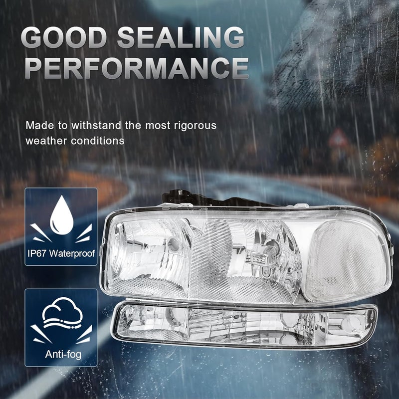 KUIPERAUTO Headlight Assembly Front Lamp Compatible with 1999-2006 GMC Sierra 1500 2500, 2000-2006 GMC Yukon Headlamp w/Bulb Chrome Housing/Clear Lens/Clear Corner - Image 2